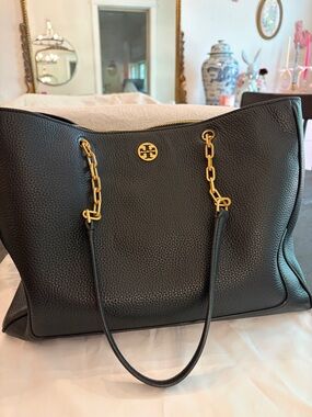 Tory Burch Black Pebbled Leather Chain-Strap Tote with Gold Hardware